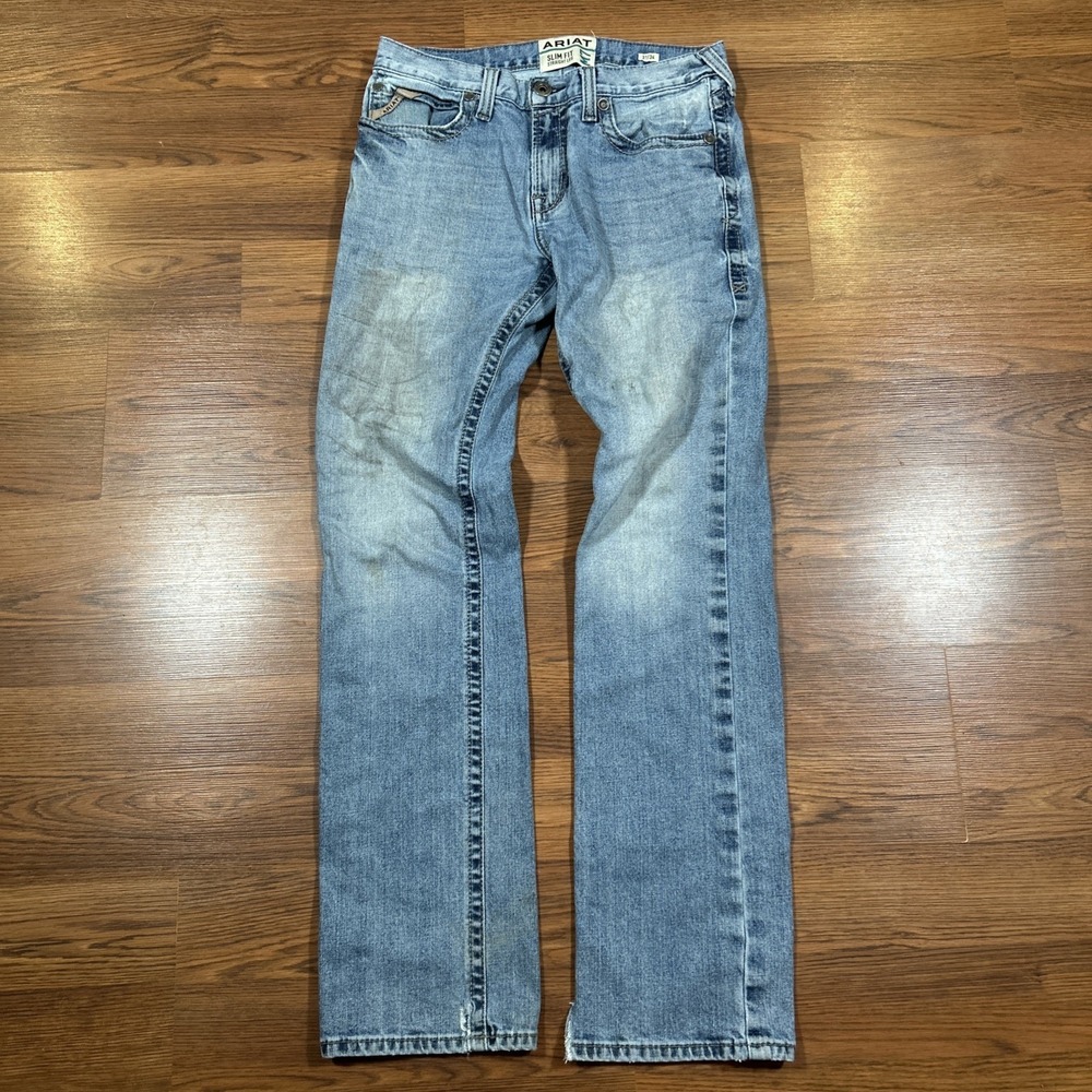 Ariat Men's Slim Fit Straight Blue Jeans Light Wash Stains Distressed 32x33